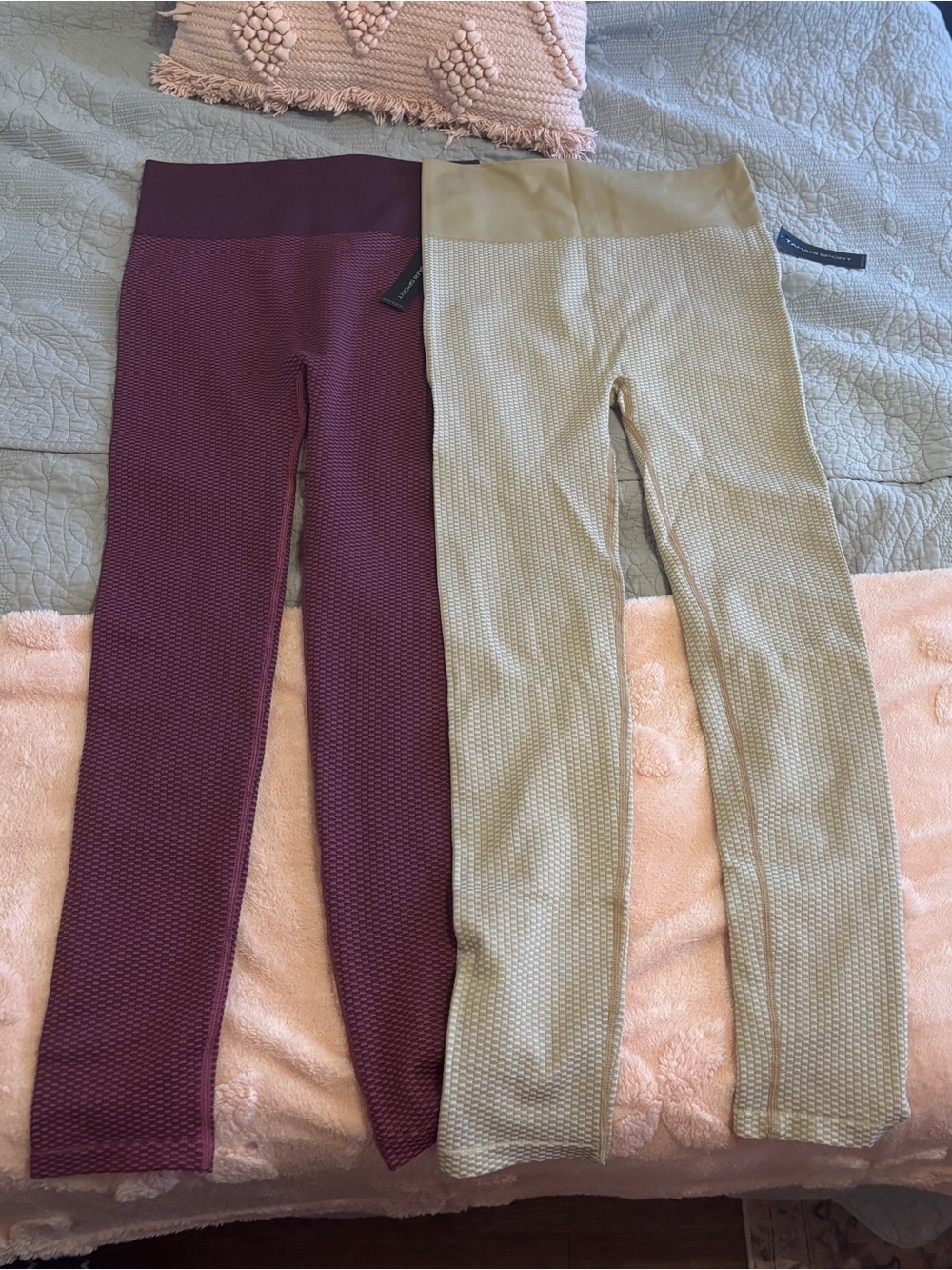 Tahari Women's Textured Leggings Duo in burgundy and Light Khaki